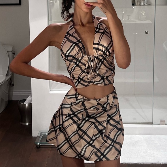 Tan Halter Top and Pleated Skirt Set - Picture 2 of 6